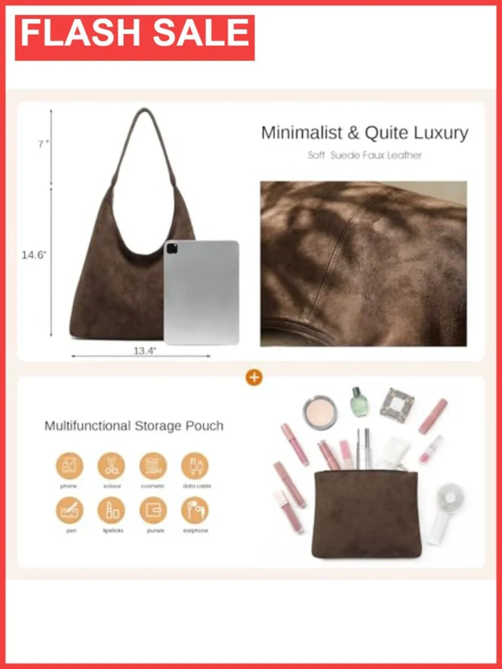 Faux Suede Slouchy Hobo Shoulder Bag Vegan Leather with Pouch